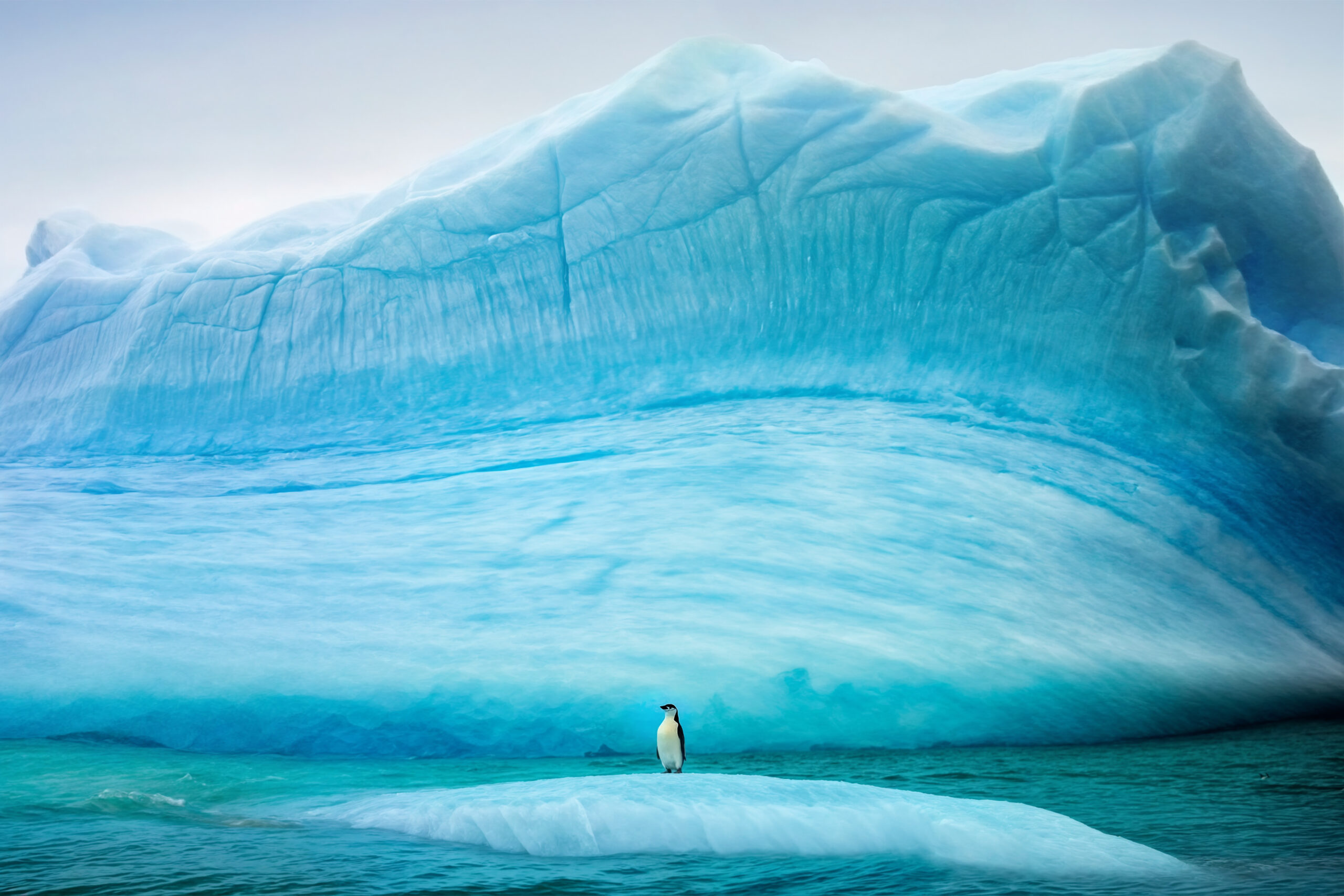 A penguin standing on a small piece of ice in front of a large blue iceberg