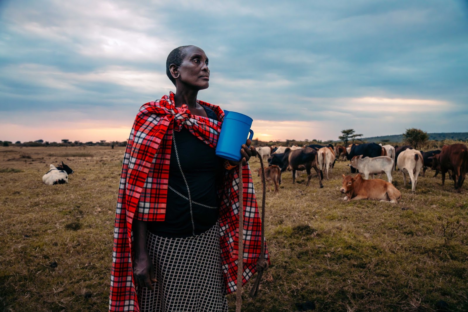 woman in a red plaid shawl stands in a grassy field holding a blue cup